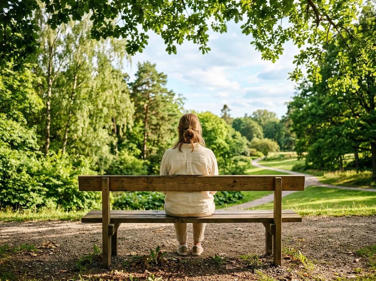 Person bakifrån i solig park - rörelse och frisk luft för välmående